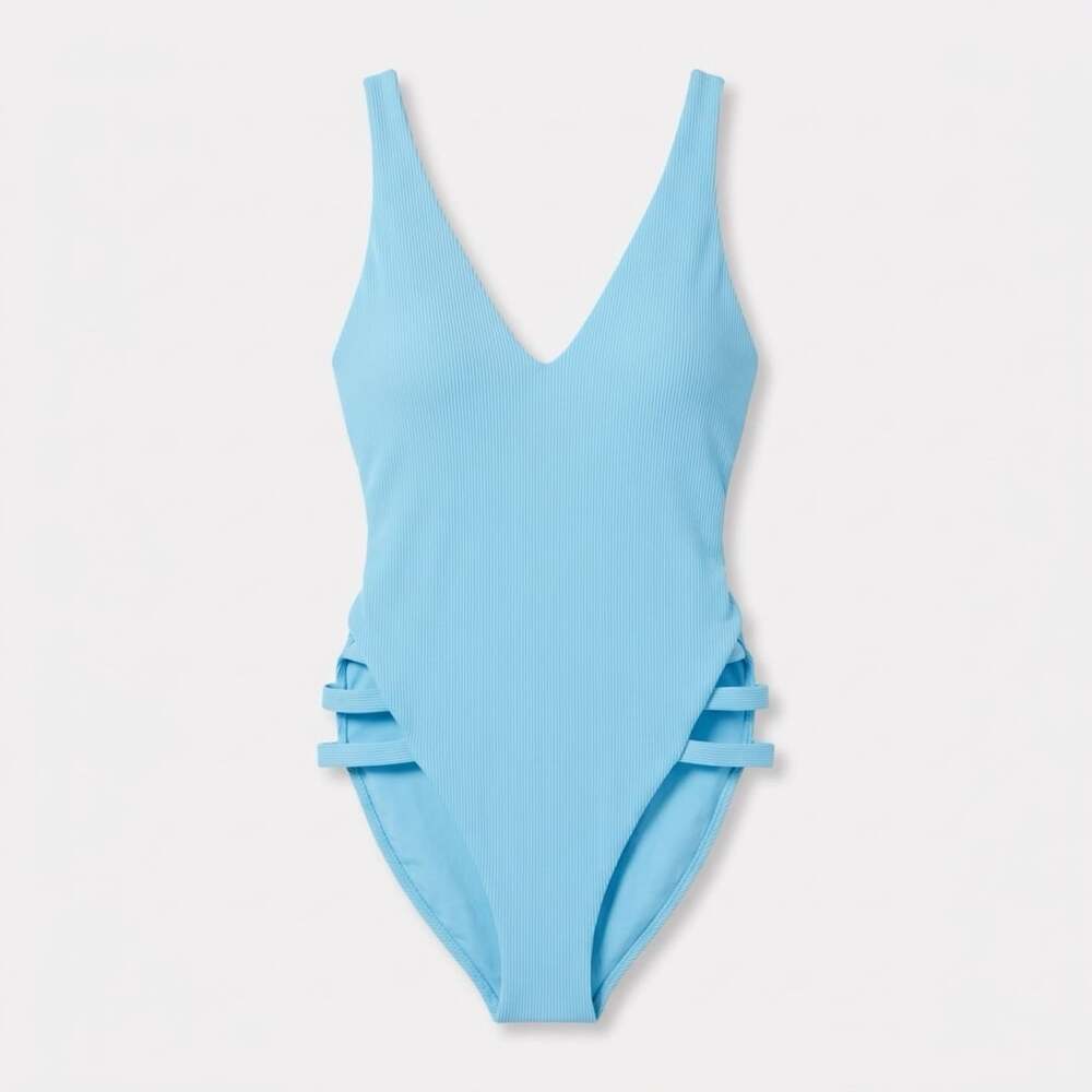 BECCA Fine Line Rib One Piece Swimsuit Size Medium Blue Strappy